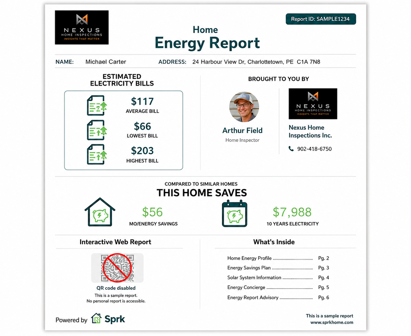Sample personalized Home Energy Assessment report provided with a Nexus home inspection