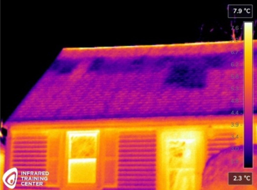 Thermal image of a home showing insulation gaps along the roof